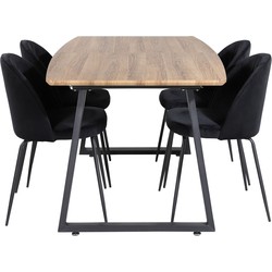 Hioshop IncaNABL eethoek eetkamertafel uitschuifbare tafel lengte cm 160 / 200 el hout decor en 4 Gemma eetkamerstal zwart.