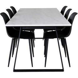 Hioshop EstelleWHBL eethoek eetkamertafel wit, marmer en 6 Polar eetkamerstal zwart.