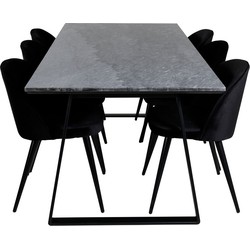 Hioshop EstelleBLBL eethoek eetkamertafel zwart, marmer en 6 Velvet eetkamerstal velours zwart.