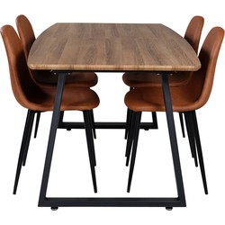 Hioshop IncaNABL eethoek eetkamertafel uitschuifbare tafel lengte cm 160 / 200 el hout decor en 4 Polar eetkamerstal PU
