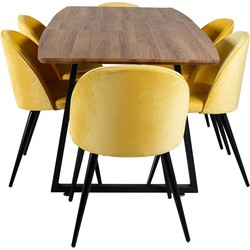 Hioshop IncaNABL eethoek eetkamertafel uitschuifbare tafel lengte cm 160 / 200 el hout decor en 6 Velvet eetkamerstal velours