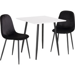 Hioshop PolarWHBL eethoek eetkamertafel wit en 2 Polar eetkamerstal velours zwart.