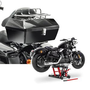 Craftride Set: Topcase mit Gepäckgrill Missouri 43Ltr für Chopper sw  mit Hebebühne Mid-Lift L bis 680 kg rot