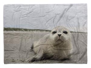 Sinus Art Handtücher »Handtuch Strandhandtuch Saunatuch Kuscheldecke mit Tiermotiv Robbe am Strand« (1-St), Handtuch