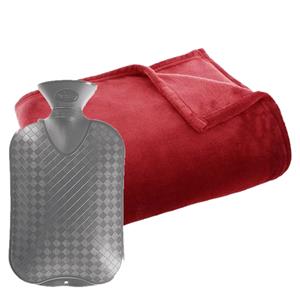 Atmosphera Fleece deken/plaid rood 125 x 150 cm en een warmwater kruik 2 liter -