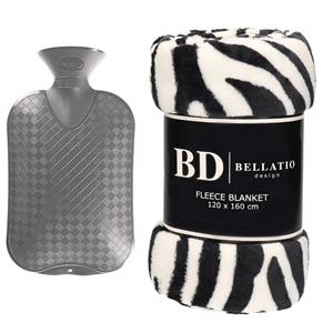 Bellatio Fleece deken/plaid Zebra 120 x 160 cm en een warmwater kruik 2 liter -