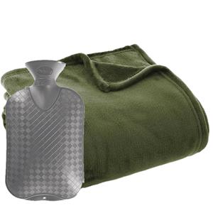 Atmosphera Fleece deken/plaid Olijf Groen 130 x 180 cm en een warmwater kruik 2 liter -