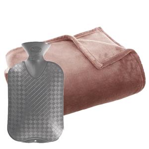 Atmosphera Fleece deken/plaid Oud Roze 130 x 180 cm en een warmwater kruik 2 liter -