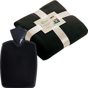 James & Nicholson Fleece deken/plaid Zwart 130 x 170 cm en een warmwater kruik 2 liter -