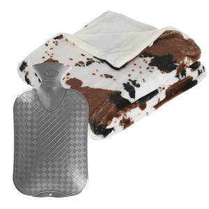 Atmosphera Fleece deken/plaid koeien-printbruin 130 x 160 cm en een warmwater kruik 2 liter -