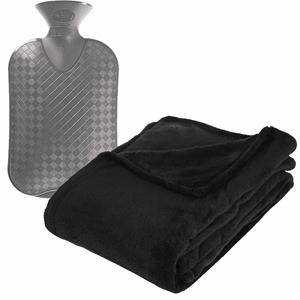 Atmosphera Fleece deken/plaid Zwart 130 x 180 cm en een warmwater kruik 2 liter -