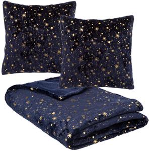Feeric lights & Christmas Deken/plaid met 2x kussentjes - sterren hemel - blauw/goud - polyester -
