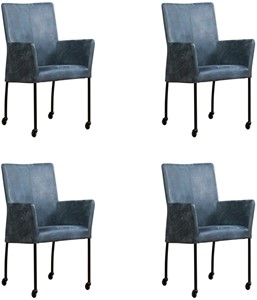ShopX Leren eetkamerstoel comfort met wieltjes en armleuning, blauw leer, blauwe keukenstoelen