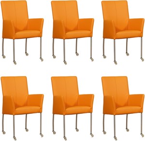 ShopX Leren eetkamerstoel comfort met wieltjes en armleuning, oranje leer, oranje keukenstoelen