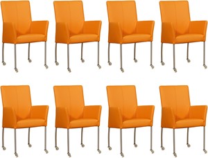 ShopX Leren eetkamerstoel comfort met wieltjes en armleuning, oranje leer, oranje keukenstoelen
