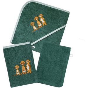 Wörner Handtuch Set "Erdmännchen pinie Kapuzenbadetuch mit 2 Waschhandschuhen", Spar-Set, 3 tlg., Frottier, mit süßer Stickerei Erdmännchen
