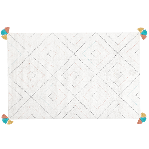 beliani Teppich Weiß Baumwolle Rechteckig 140x200 cm Shaggy Hochflor Rauten Geometrisches Muster Fransen Getuftet Wohnzimmerteppich für Fußbodenheizung - Bunt