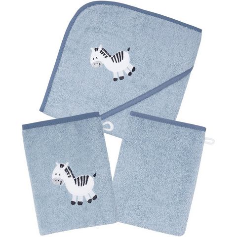 Wörner Handtuch Set "Zebra blau Kapuzenbadetuch mit 2 Waschhandschuhen", (Spar-Set, 3 St.)