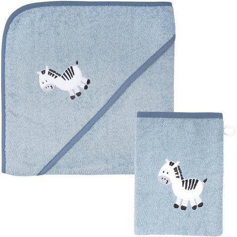 Wörner Handdoekenset Zebra blau Kapuzenbadetuch 100/100 mit Waschhandschuh (voordeelset, 2 stuks)