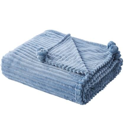 Beliani - Decke Blau Polyester mit Streifenoptik und kleinen Bommeln Flauschig Kuschelig 150 x 200 cm Wohnzimmer Schlafzimmer - Blau