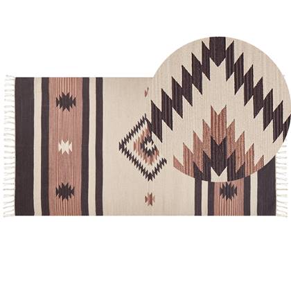 beliani Kelim-Teppich Beige und Braun Baumwolle 80x150 cm mit Fransen Geometrischem Muster Handgewebt Zweiseitig Läufer Modern Wohnzimmer Schlafzimmer - Beige