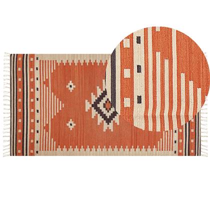 Beliani - Kelim-Teppich Orange Baumwolle 80 x 150 cm mit Fransen Geometrischem Muster Handgewebt Zweiseitig Läufer Modern Wohnzimmer Schlafzimmer