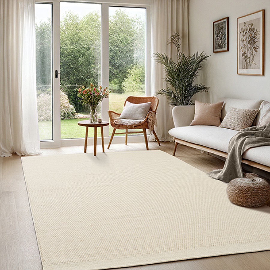 Merinos Karpet24 Handgeweven Wol Vloerkleed -120 x 170 cm - Scandinavische Boho Stijl, Crème