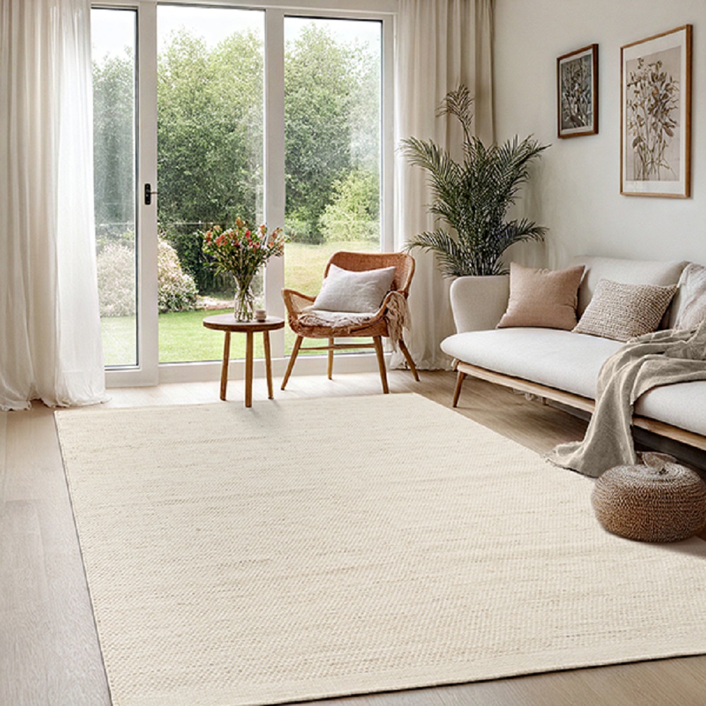 Merinos Karpet24 Handgeweven Wol Vloerkleed -Ø 120 cm Rond - Scandinavische Boho Stijl, Crème-Beige