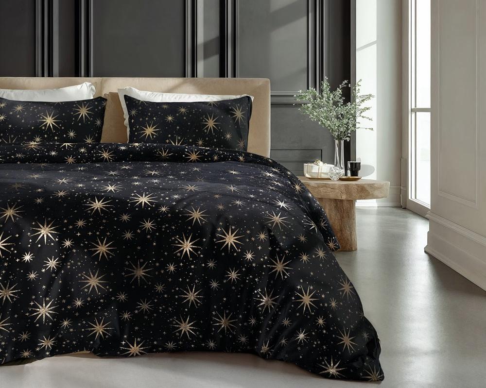 RoyalTextile - Glamour Stars Foil Dekbedovertrek Flanel - Zwart - 140 x 220