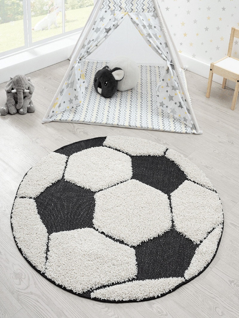 Merinos Karpet24 Kayra Zacht Kinderkleed - 3D-look, voetbalmotief, Zachte Pool, Onderhoudsvriendelijk, zwart-crème-Ø 160 cm