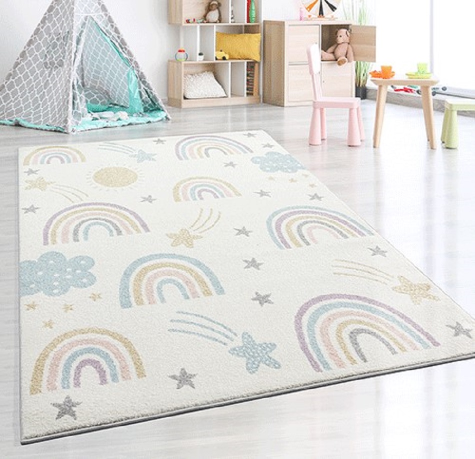 Merinos Karpet24 Sound Kids Modern - Zacht en Onderhoudsarm Kindertapijt met Regenboogpatroon in Crème-Mix-80 x 150 cm