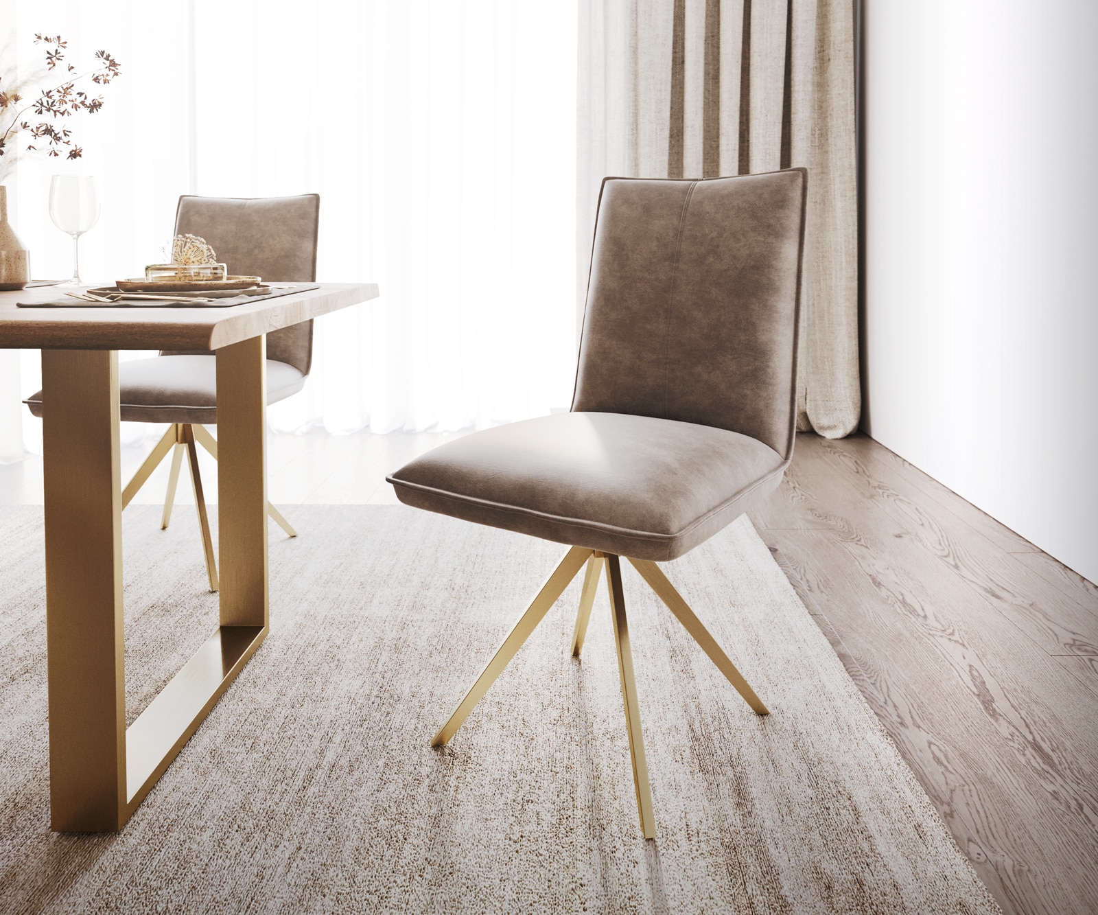 DELIFE Drehstuhl Lelio-Flex Taupe Vintage Kreuzgestell kantig Gold 180° drehbar Taschenfederkern