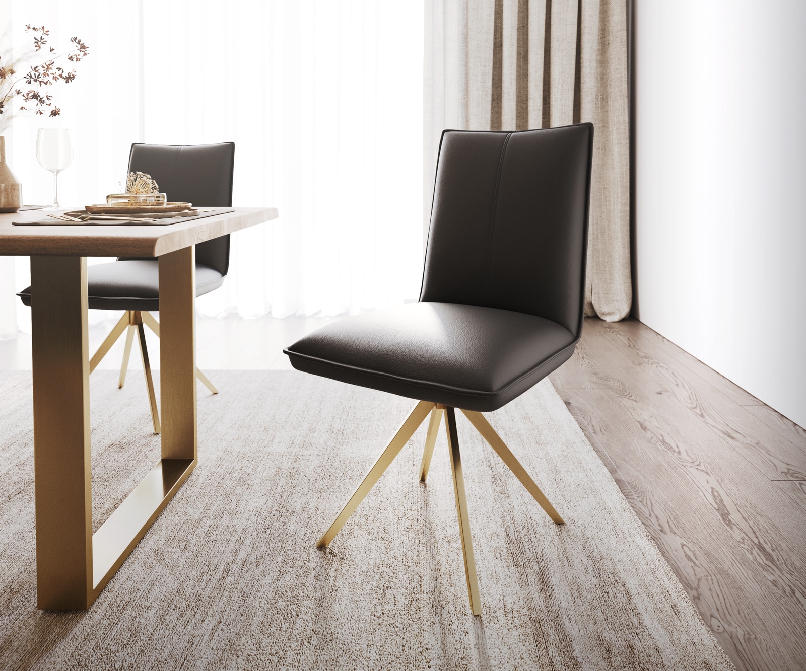 DELIFE Drehstuhl Lelio-Flex Echt Leder Schwarz Kreuzgestell kantig Gold 180° drehbar Taschenfederkern