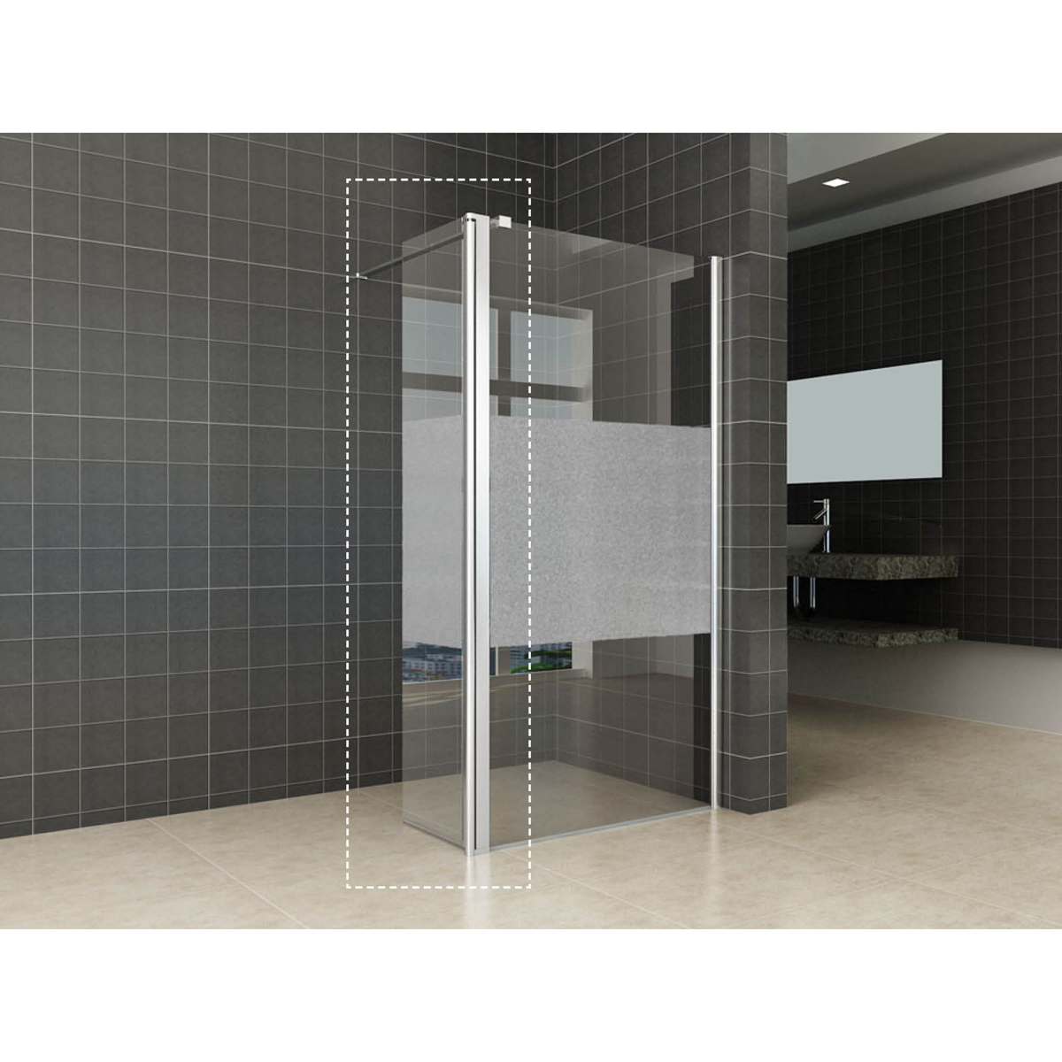 Wiesbaden Comfort Zijwand Draaibaar Rechts - 350x2000x10mm - NANO - Helder Glas met Melkglas Middenband/Chroom