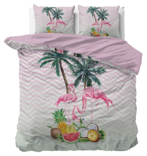 Sleeptime Tropisch Dekbedovertrek met Flamingo's, Palmbomen en Fruit – Roze – 100% Microvezel-1-persoons (140 x 200/220 cm)