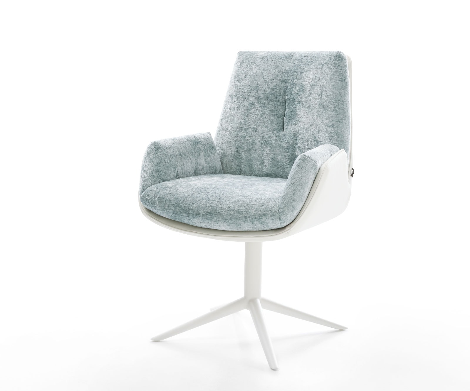 DELIFE Drehstuhl Clea-Flex Materialmix Echtleder Weiß-Pastellblau Fußkreuz Weiß 360° drehbar Wippfunktion