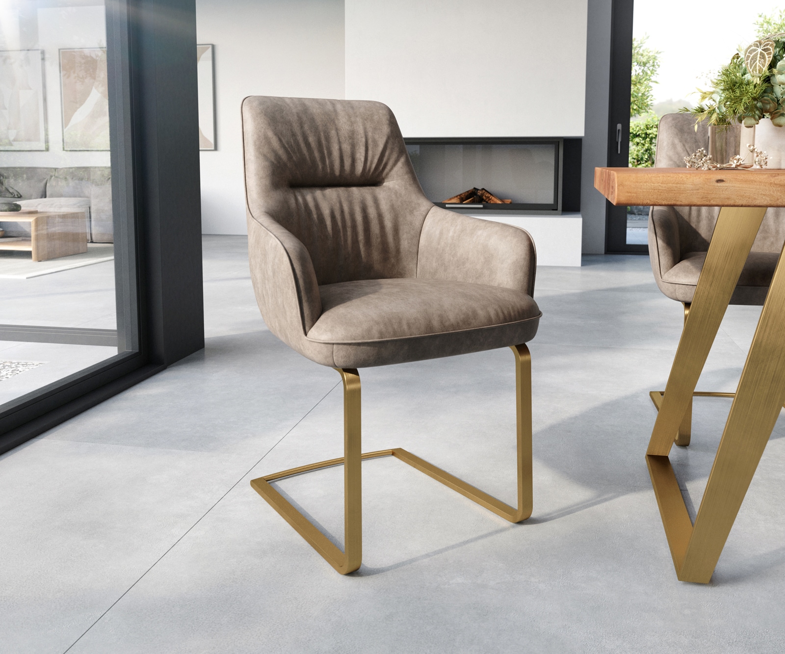 DELIFE Freischwinger Zelia-Flex mit Armlehnen Mikrofaser Taupe Vintage Freischwinger flach Gold Taschenfederkern
