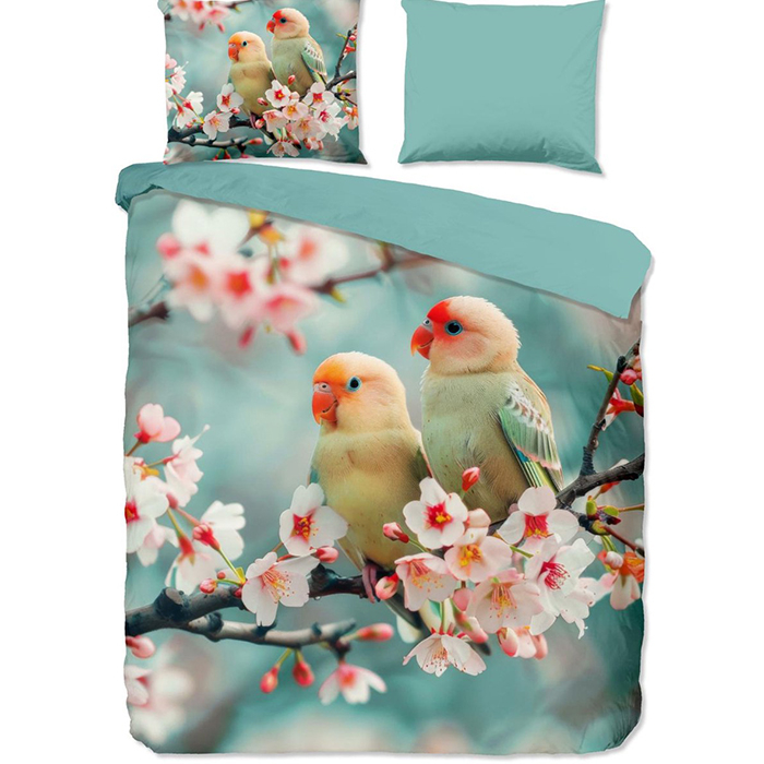 Good Morning Love Birds Dekbedovertrek Aqua-1-persoons (140 x 200/220 cm)