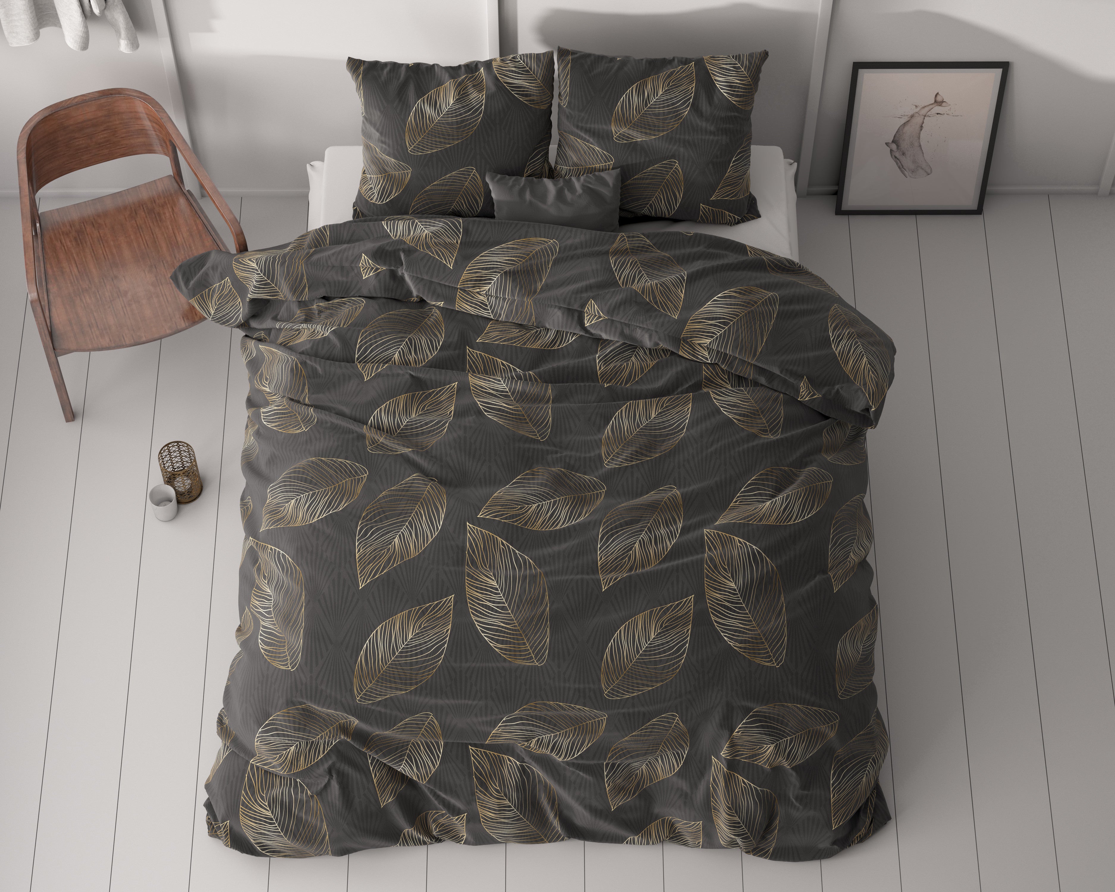 RoyalTextile - Golden Leaf Antraciet Dekbedovertrek - 140 x 220