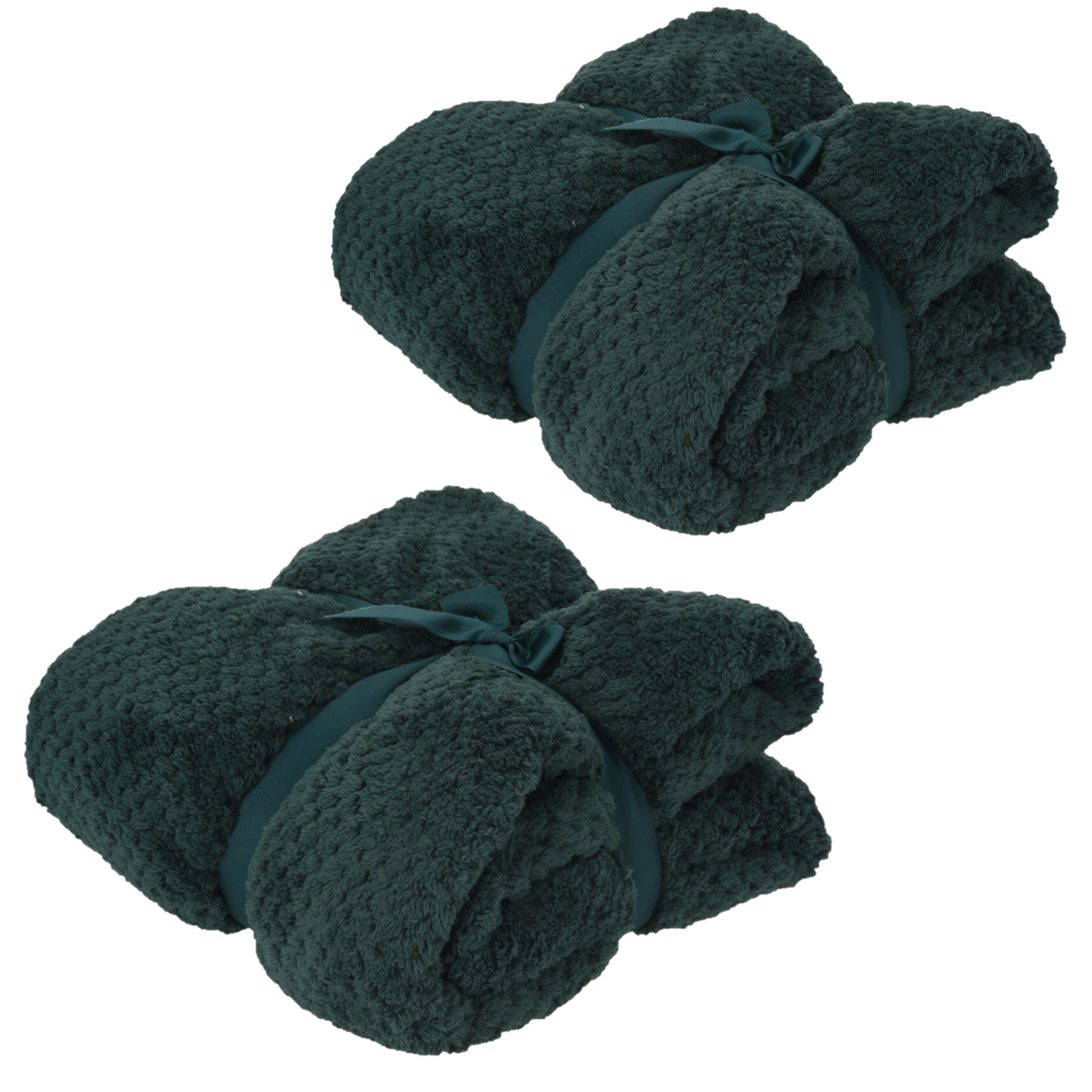 H&S Collection Fleece dekens/plaids - 2x - donkergroen - 130 x 170 cm -
