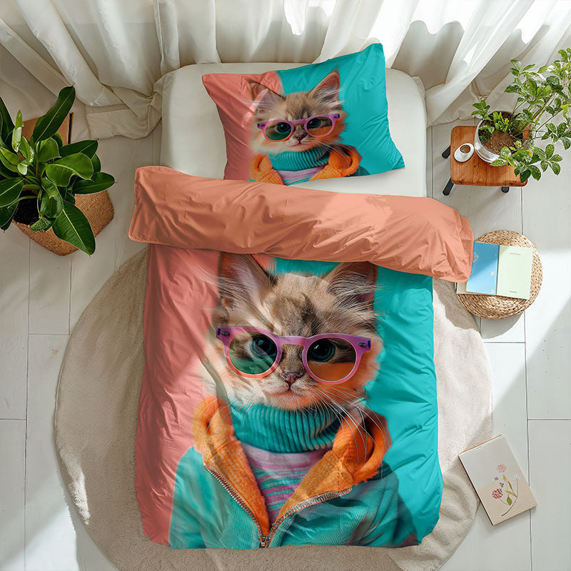 Fresh and Co Kids Dekbedovertrek Katoen Animal Couture Kitten Dieren 140x200 Cm  - 