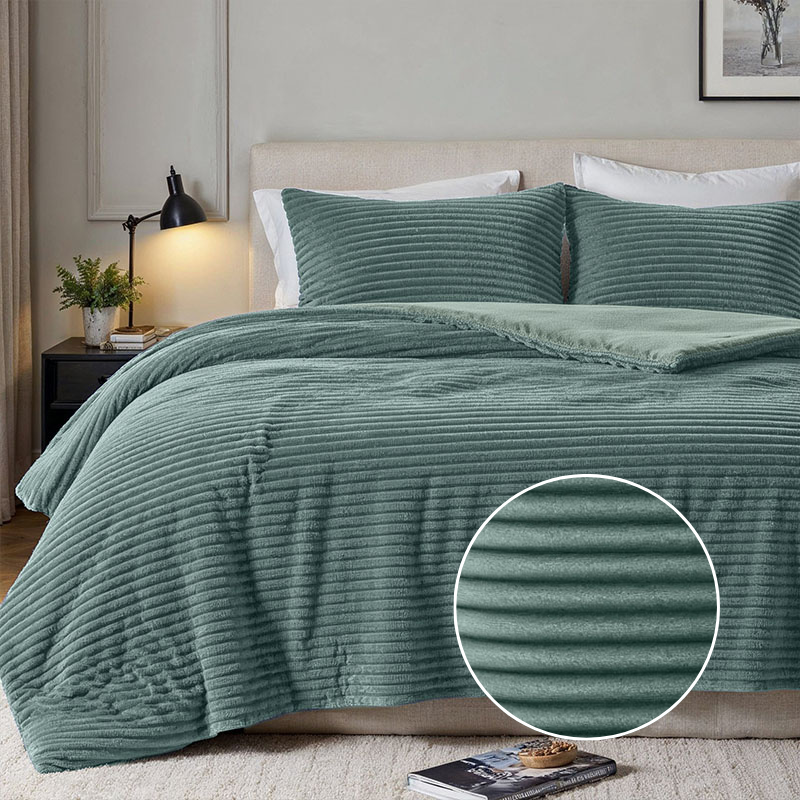 Fresh and Co Dekbedovertrek Teddy Rib Zacht Groen Strepen 140x200 Cm Verwarmend  - 