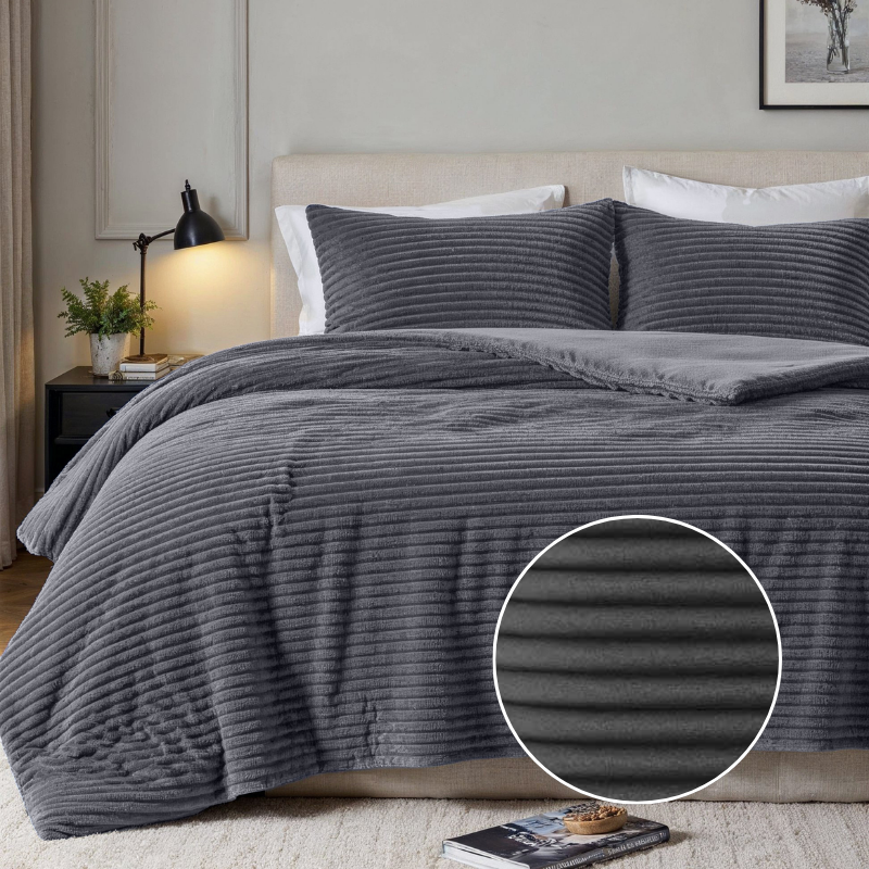 Fresh and Co Dekbedovertrek Teddy Rib Antraciet Strepen 200x200 Cm Verwarmend  - 