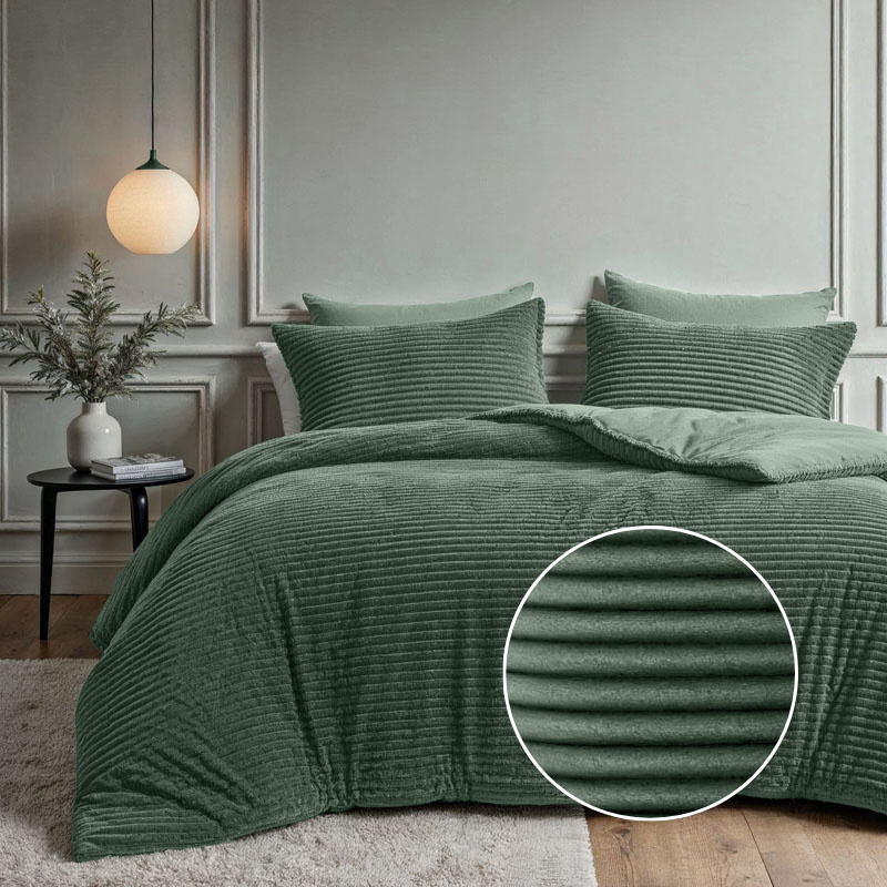 Fresh and Co Dekbedovertrek Teddy Rib Groen Strepen 140x200 Cm Verwarmend  - 