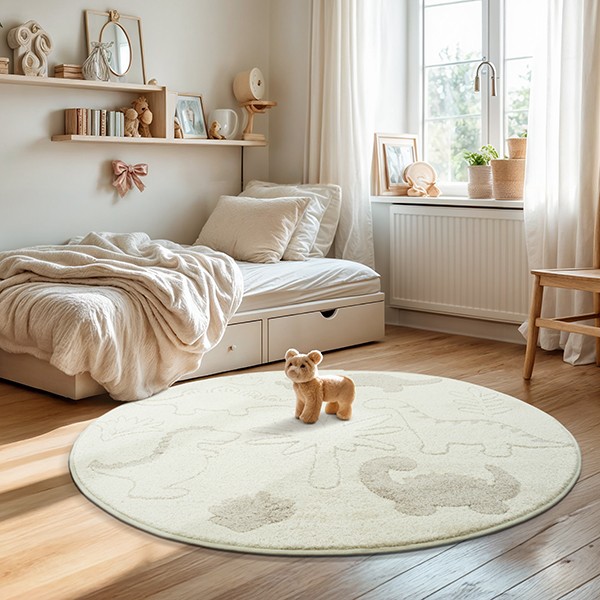 Merinos Karpet24 Alina Kids - Schattig Dino Vloerkleed voor Kleine Avonturiers Crème-Ø 120 cm