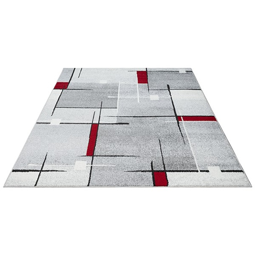 Merinos Modern Geometrisch Laagpolig Vloerkleed - Grijs, Zwart & Rood Stijlvolle Blikvanger-120 x 160 cm