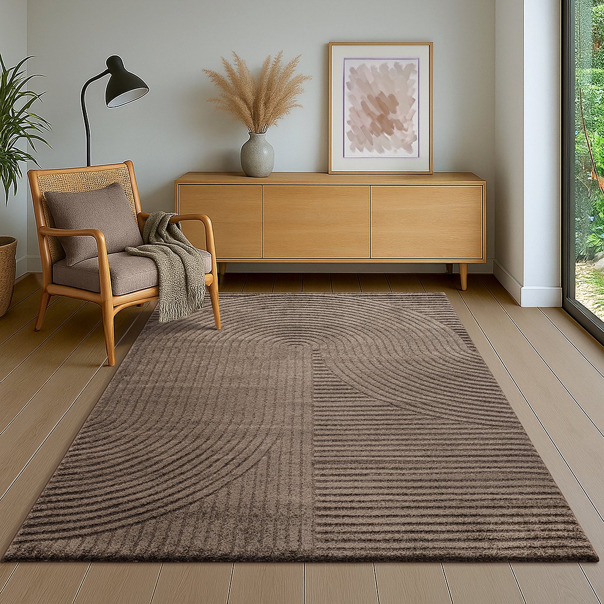 Merinos Vloerkleed Elio Japandi - Modern Design met Halve Cirkels in Bruin-140 x 200 cm