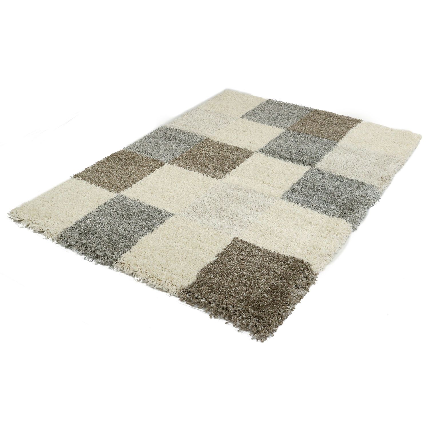 Merinos Vloerkleed Shaggy Deluxe Geblokt Beige Grijs Cream-120 x 170 cm