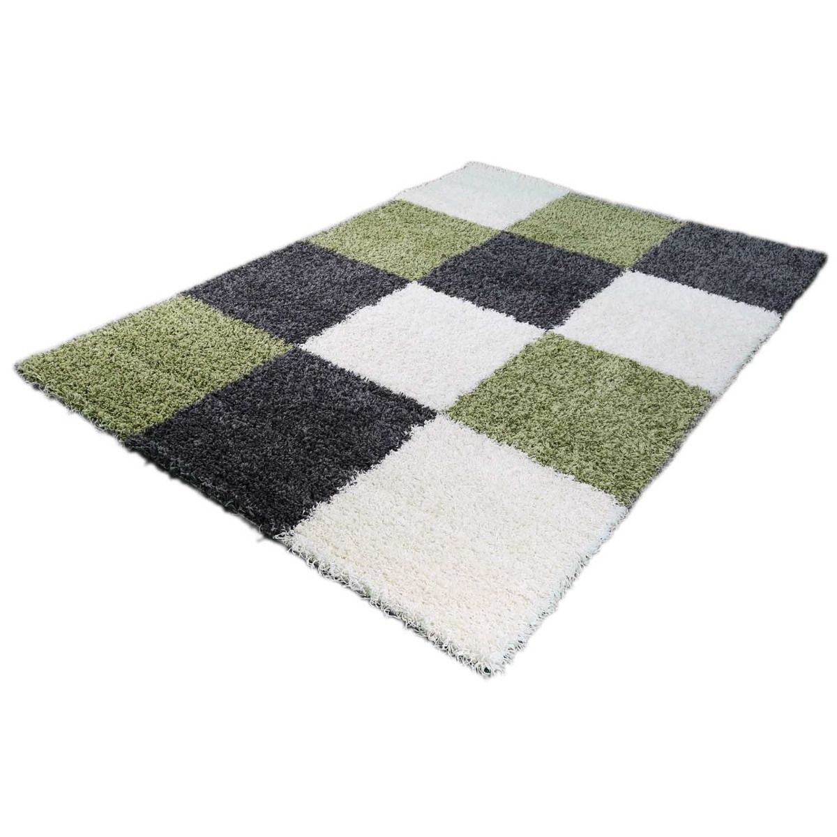 Merinos Hoogpolige vloerkleed shaggy plus 910 groen blokken patroon 5 cm poolhoogte-200 x 290 cm