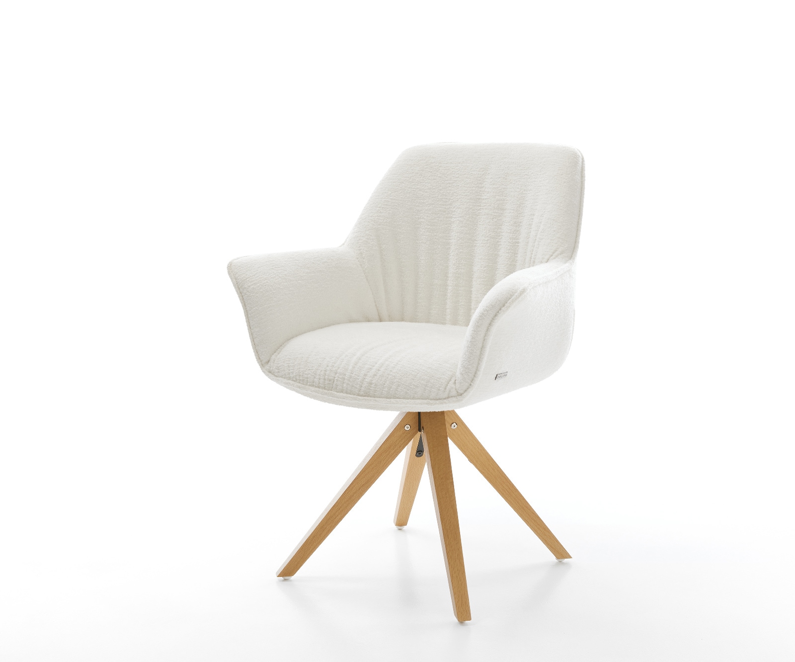 DELIFE Drehstuhl Keila-Flex mit Armlehnen Bouclé Soft Beige Holzgestell kantig Natur 180° drehbar